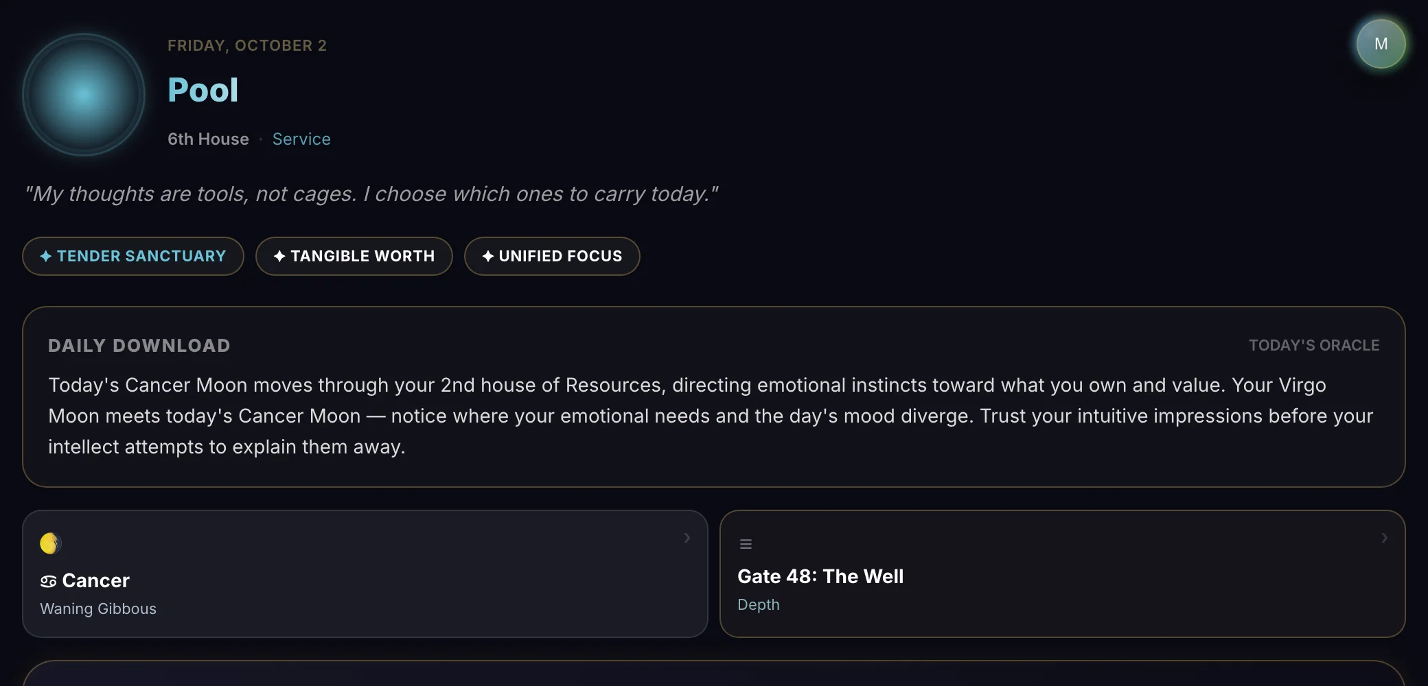 The Today screen of the Cosmic Color web app, with a sample chart: today’s color, the transits and the personal day