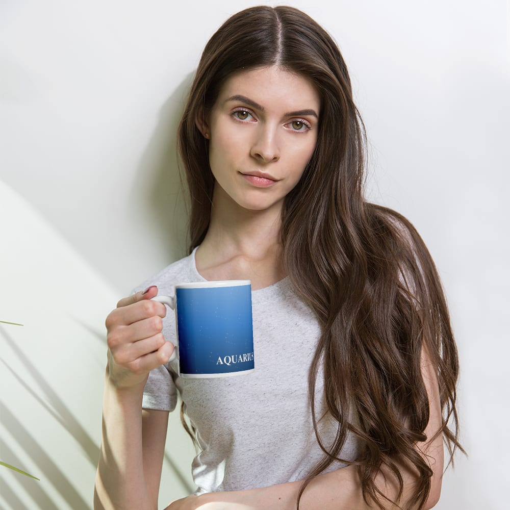Aquarius Zodiac Mug in Cornflower in a lifestyle setting