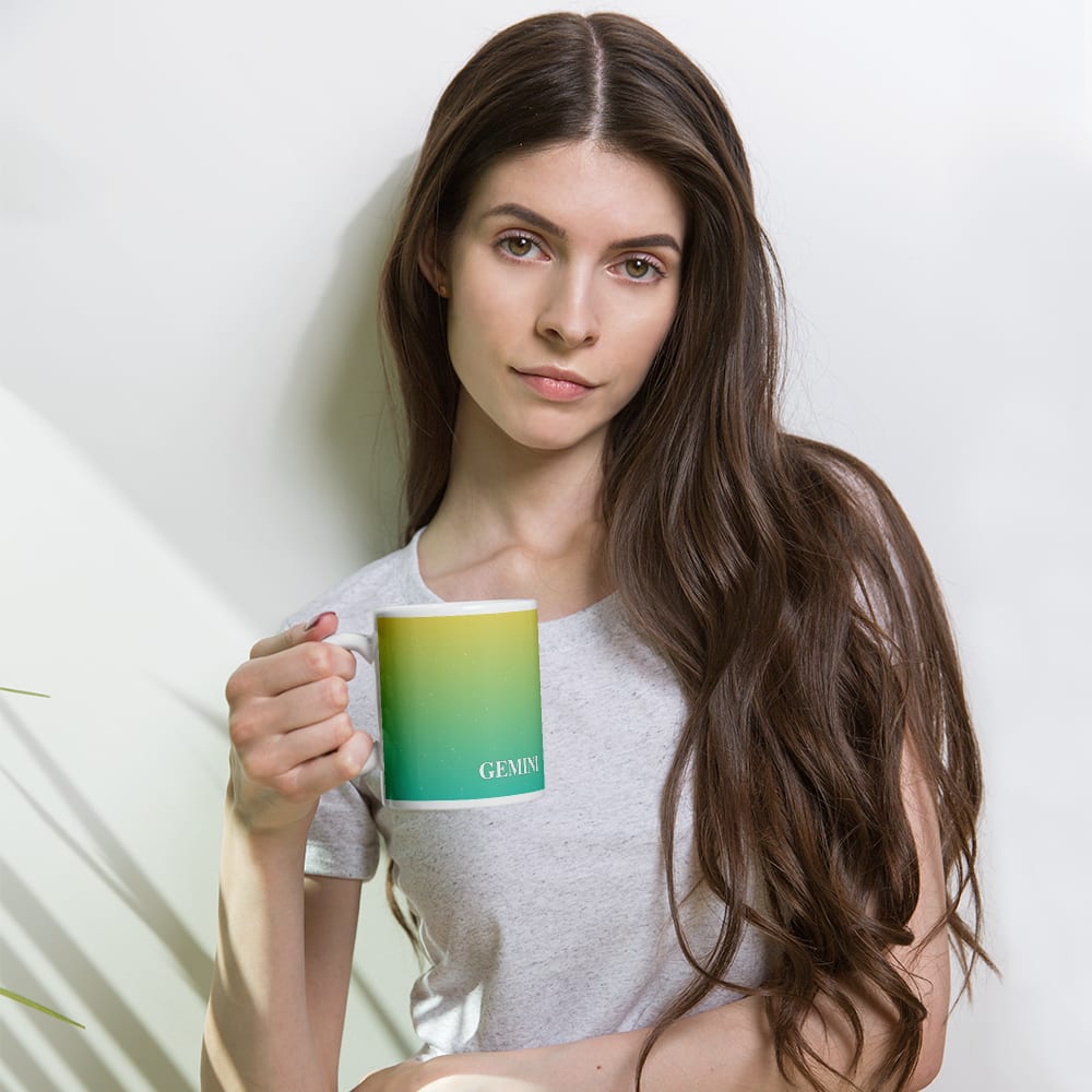 Gemini Zodiac Mug in Lemon Lagoon in a lifestyle setting