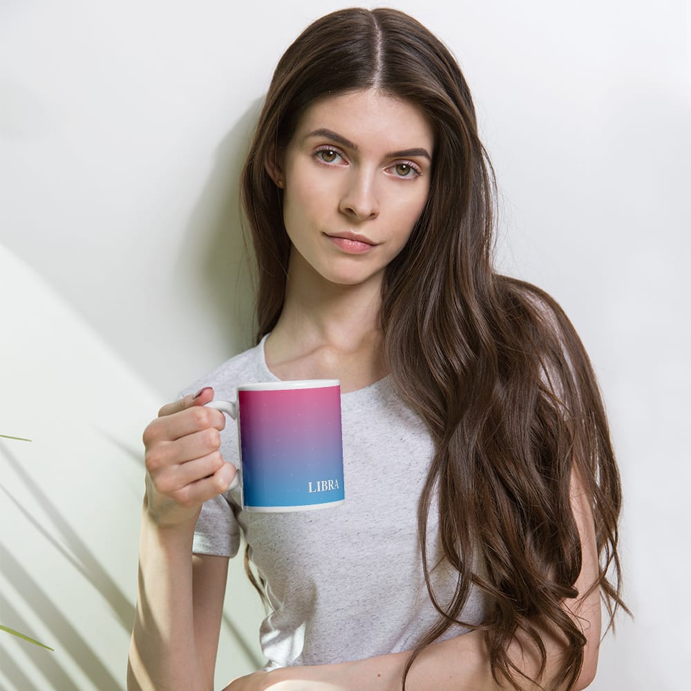 Libra Zodiac Mug in Rose Sky in a lifestyle setting