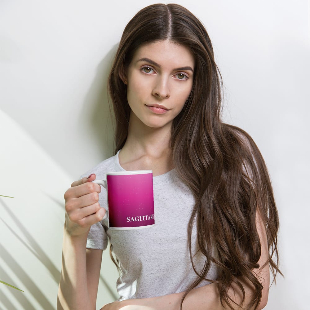 Sagittarius Zodiac Mug in Fuchsia in a lifestyle setting