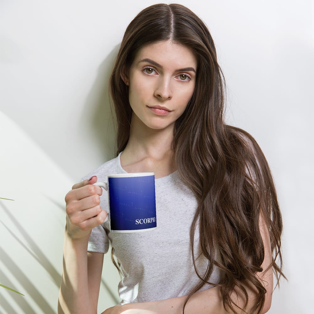 Scorpio Zodiac Mug in Royal Blue in a lifestyle setting
