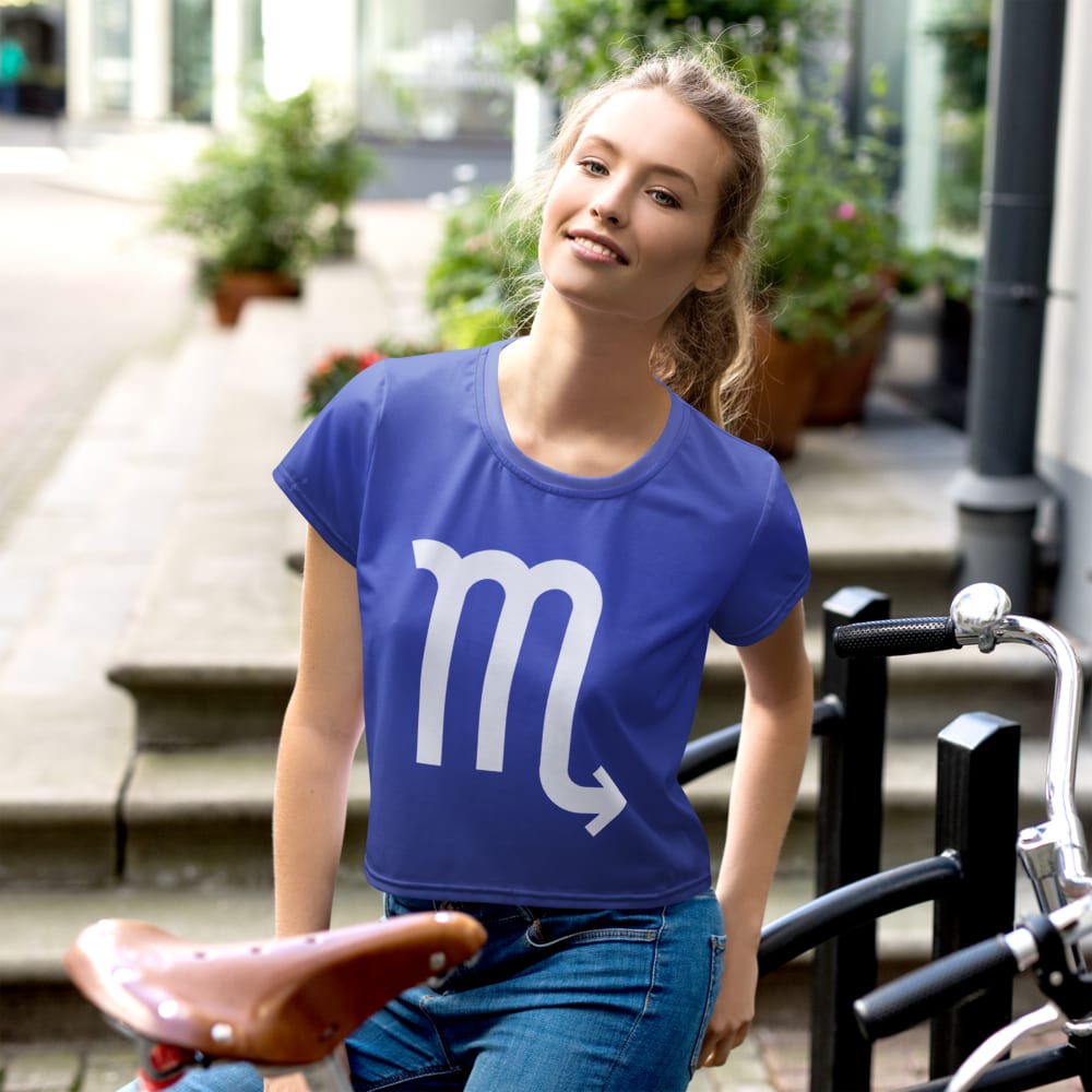 Scorpio Zodiac Crop Tee in Royal Blue worn by a model
