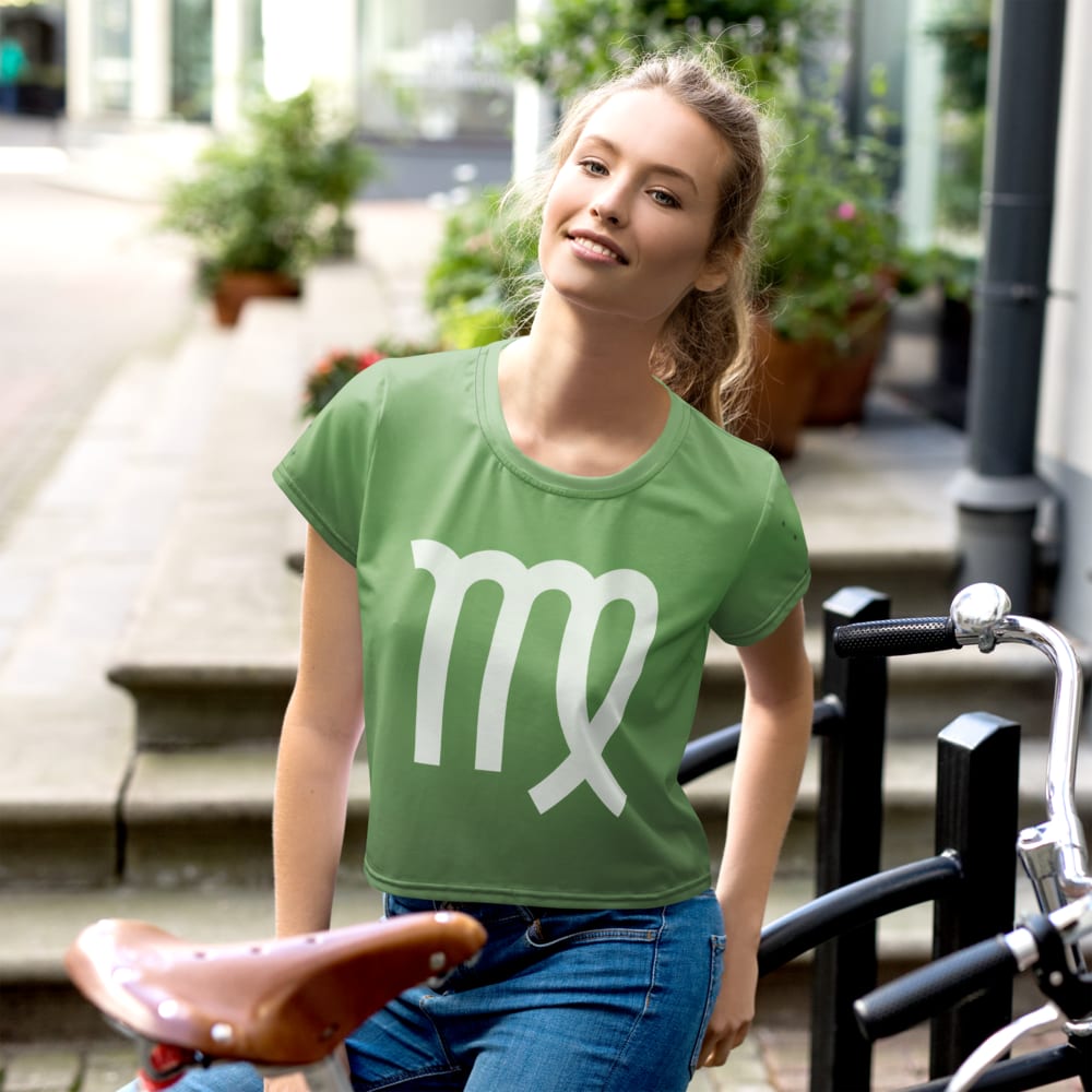 Virgo Zodiac Crop Tee in Sage worn by a model