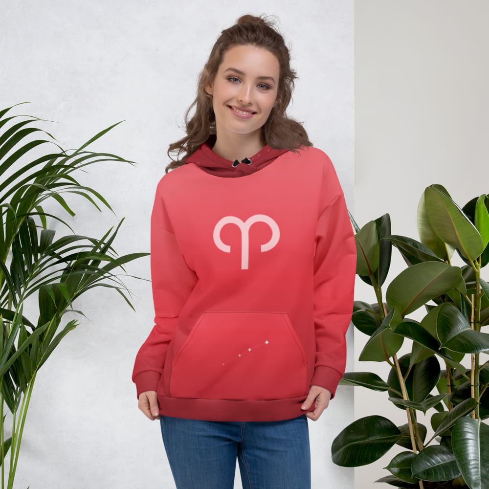 Aries Zodiac Hoodie in Poppy worn by a model