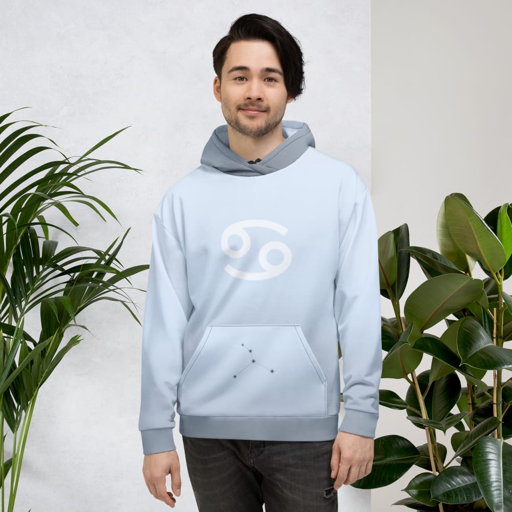 Cancer Zodiac Hoodie in Ice Blue worn by a model