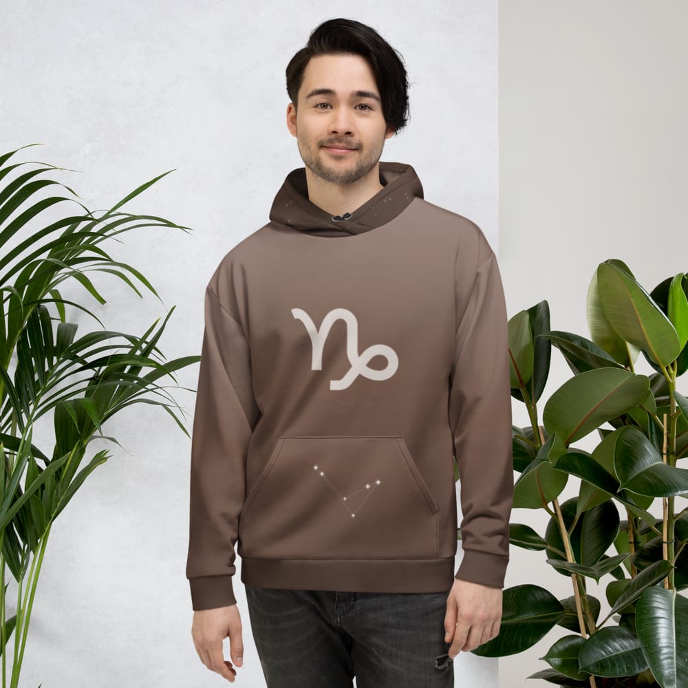 Capricorn Zodiac Hoodie in Cocoa worn by a model