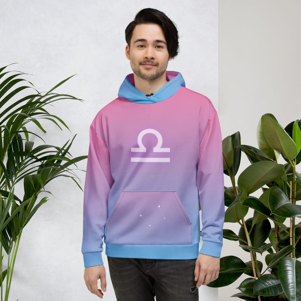 Libra Zodiac Hoodie in Rose Sky worn by a model