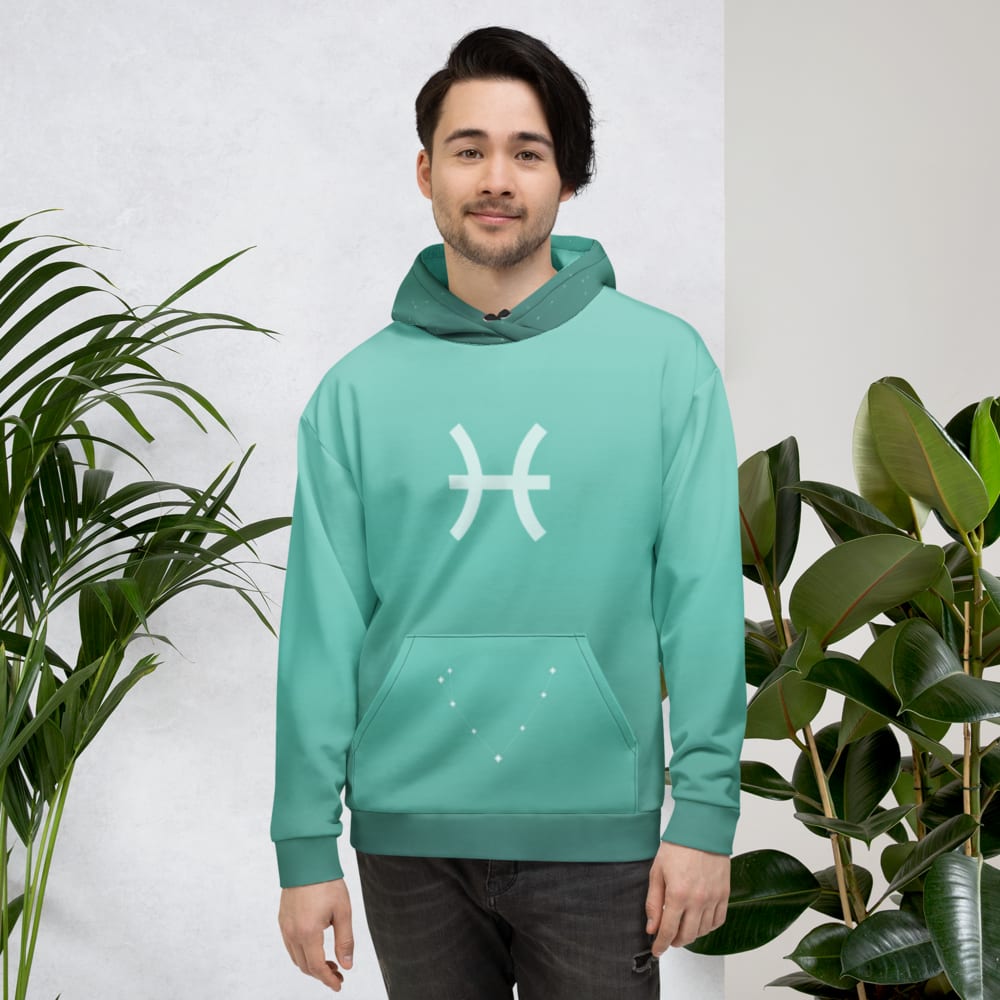 Pisces Zodiac Hoodie in Sea Glass worn by a model