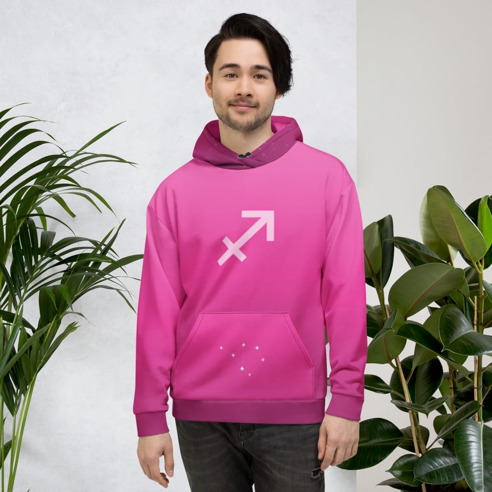 Sagittarius Zodiac Hoodie in Fuchsia worn by a model