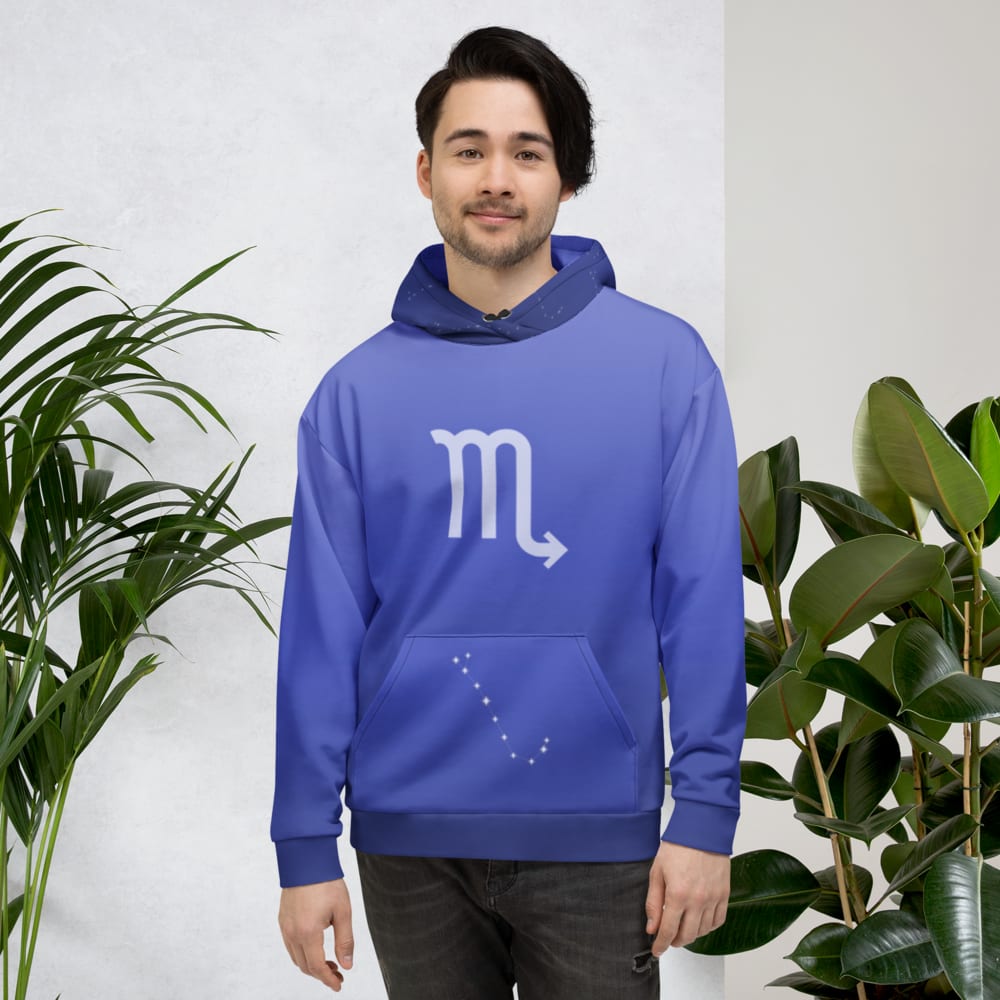 Scorpio Zodiac Hoodie in Royal Blue worn by a model