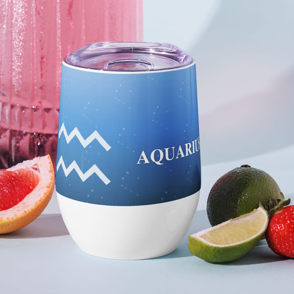 Aquarius Zodiac Wine Tumbler in Cornflower in a lifestyle setting