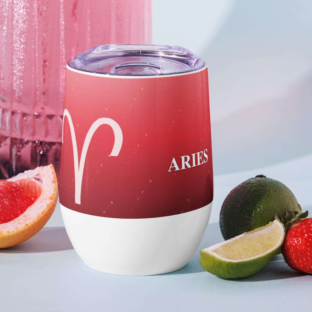 Aries Zodiac Wine Tumbler in Poppy in a lifestyle setting