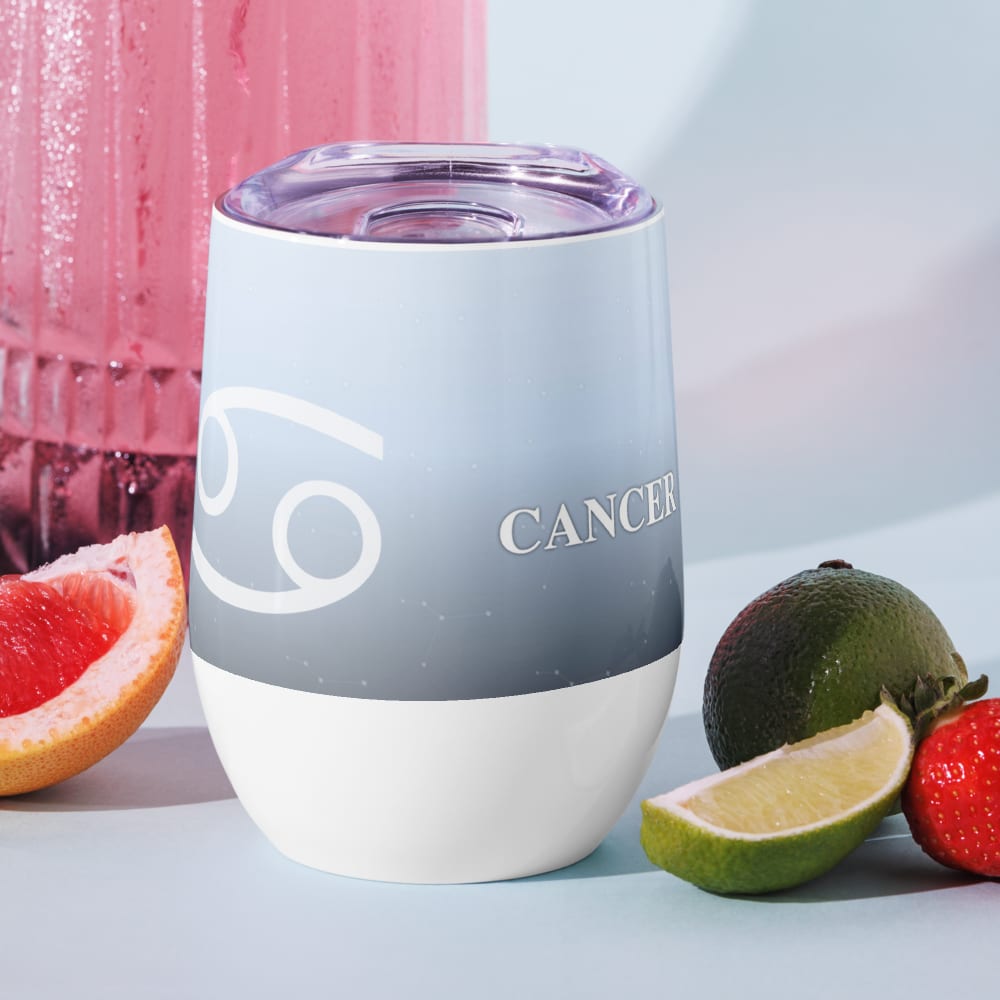 Cancer Zodiac Wine Tumbler in Ice Blue in a lifestyle setting