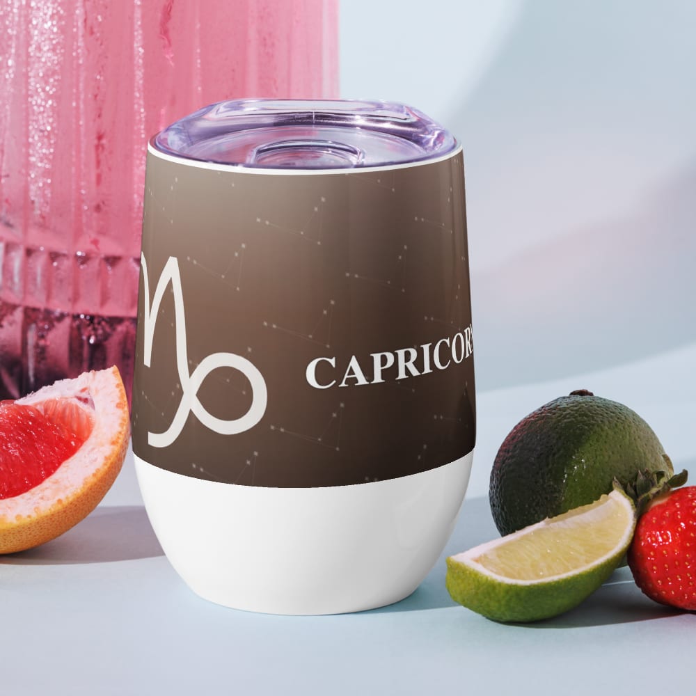 Capricorn Zodiac Wine Tumbler in Cocoa in a lifestyle setting
