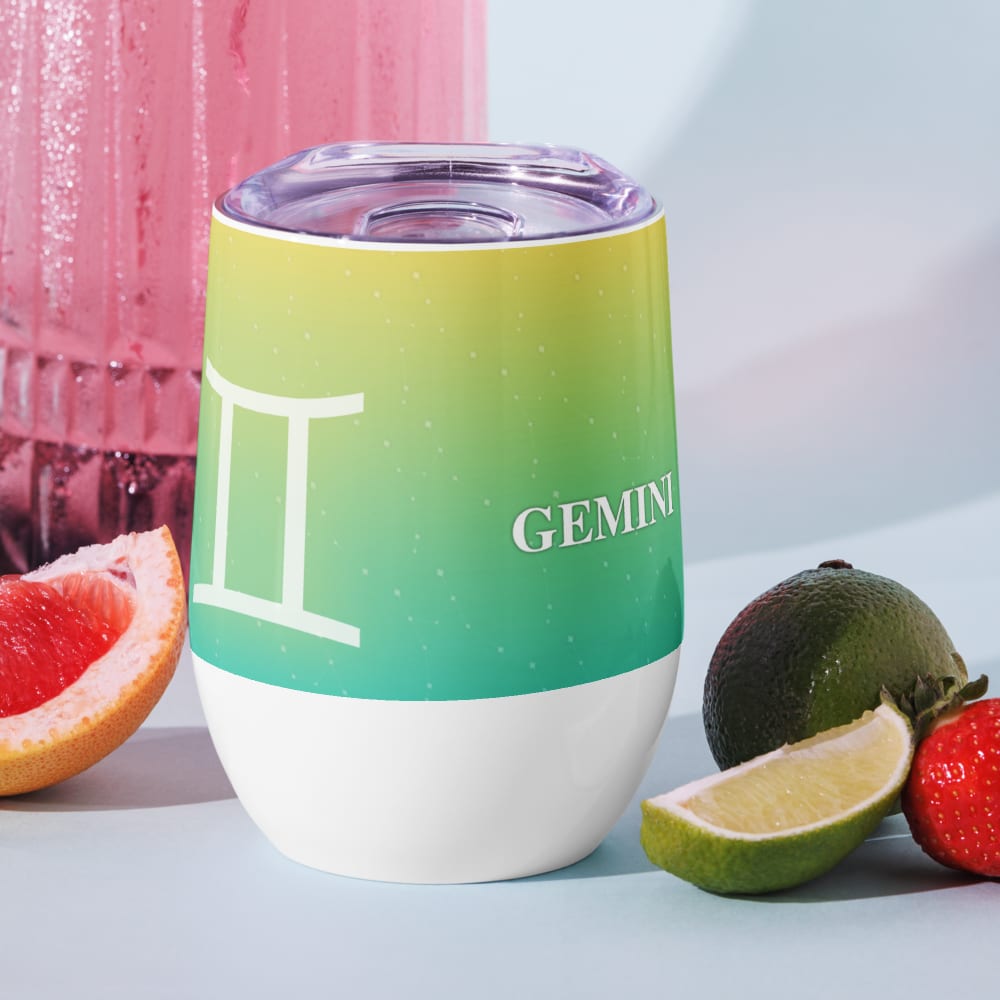 Gemini Zodiac Wine Tumbler in Lemon Lagoon in a lifestyle setting