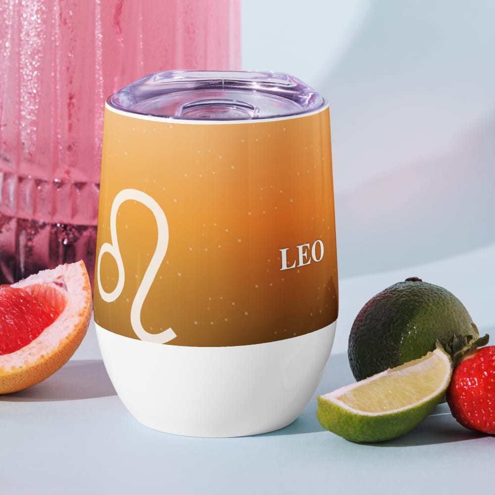 Leo Zodiac Wine Tumbler in Tangerine in a lifestyle setting