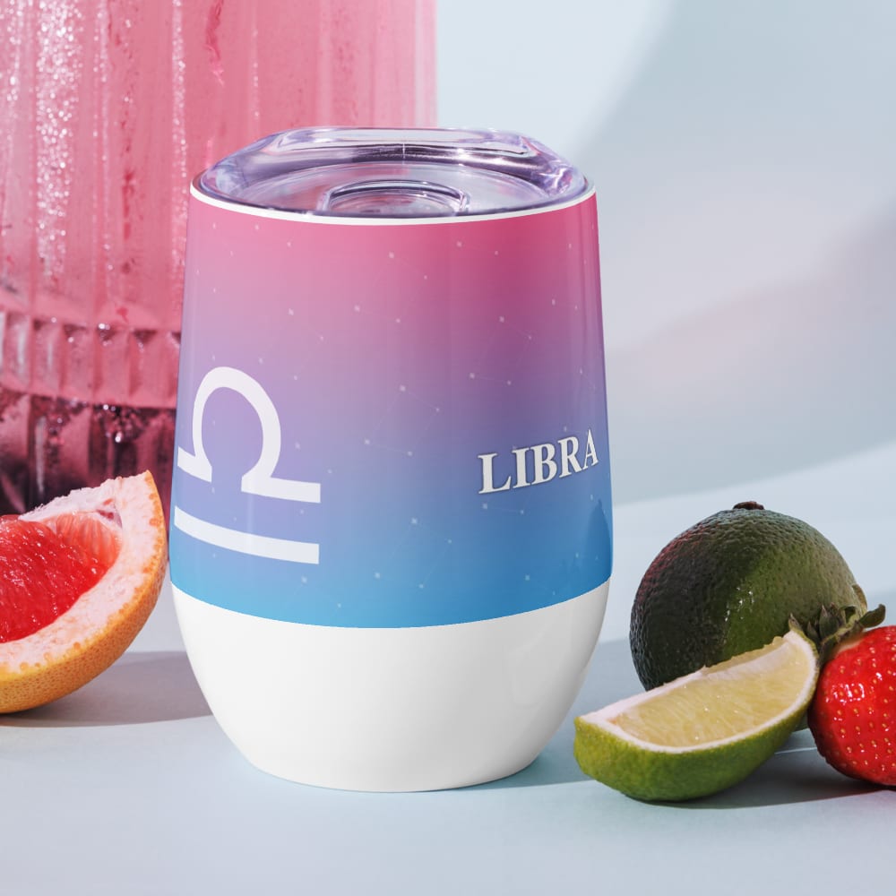 Libra Zodiac Wine Tumbler in Rose Sky in a lifestyle setting