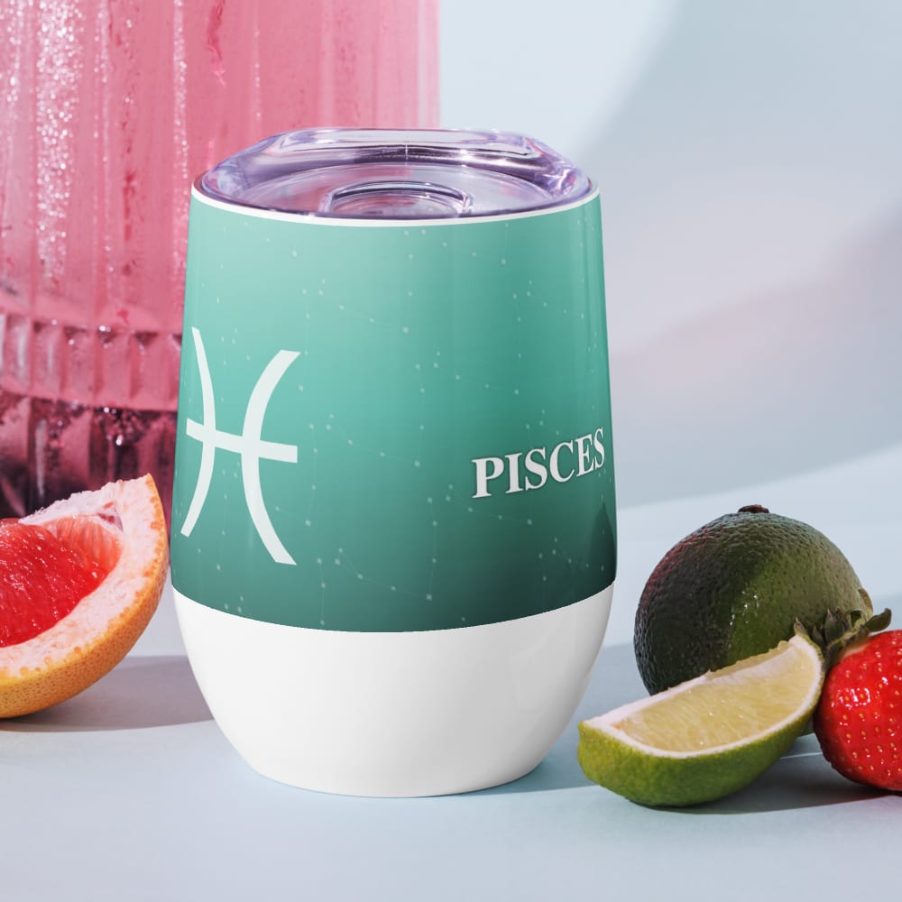 Pisces Zodiac Wine Tumbler in Sea Glass in a lifestyle setting