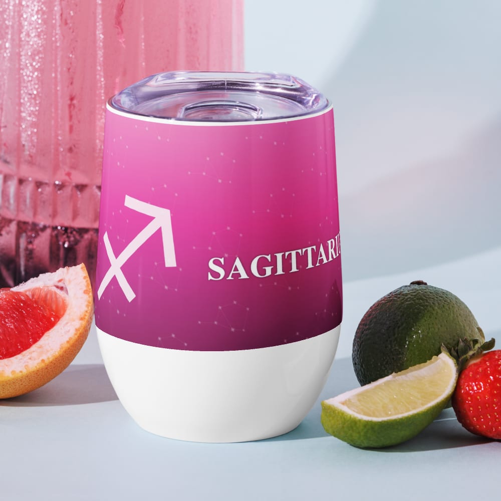 Sagittarius Zodiac Wine Tumbler in Fuchsia in a lifestyle setting