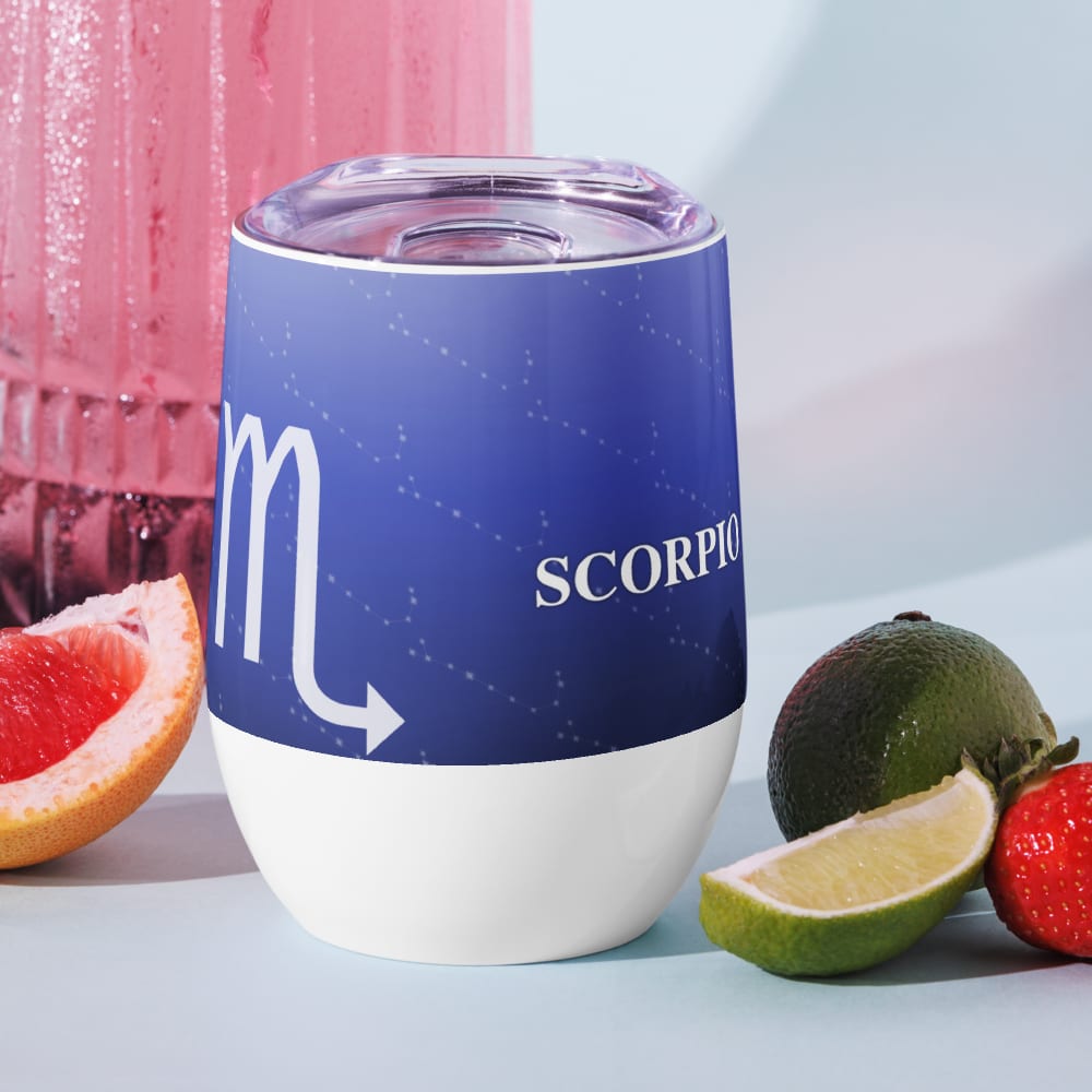 Scorpio Zodiac Wine Tumbler in Royal Blue in a lifestyle setting