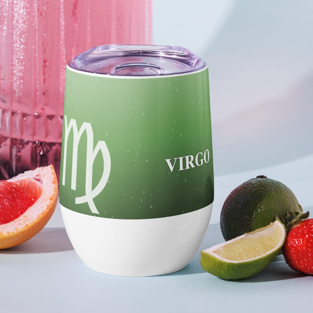 Virgo Zodiac Wine Tumbler in Sage in a lifestyle setting