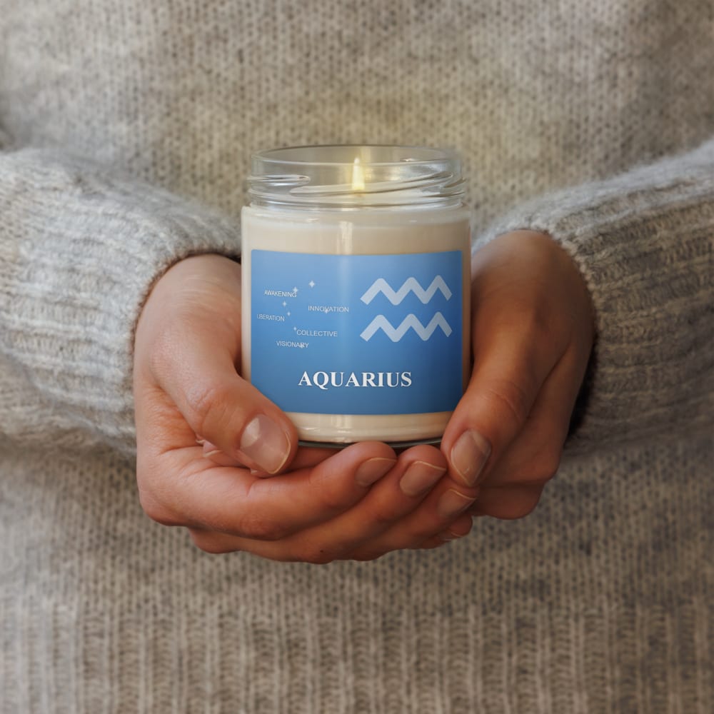 Aquarius Zodiac Candle in Cornflower in a lifestyle setting