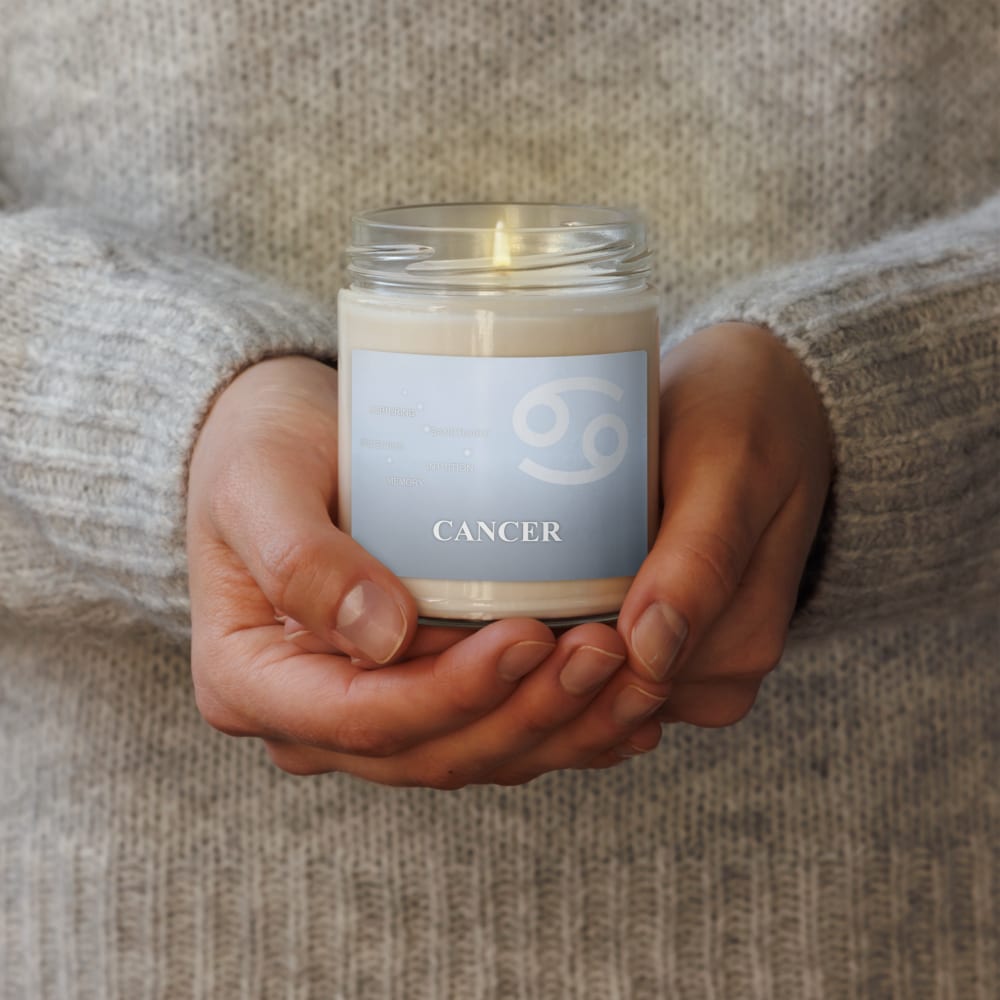Cancer Zodiac Candle in Ice Blue in a lifestyle setting