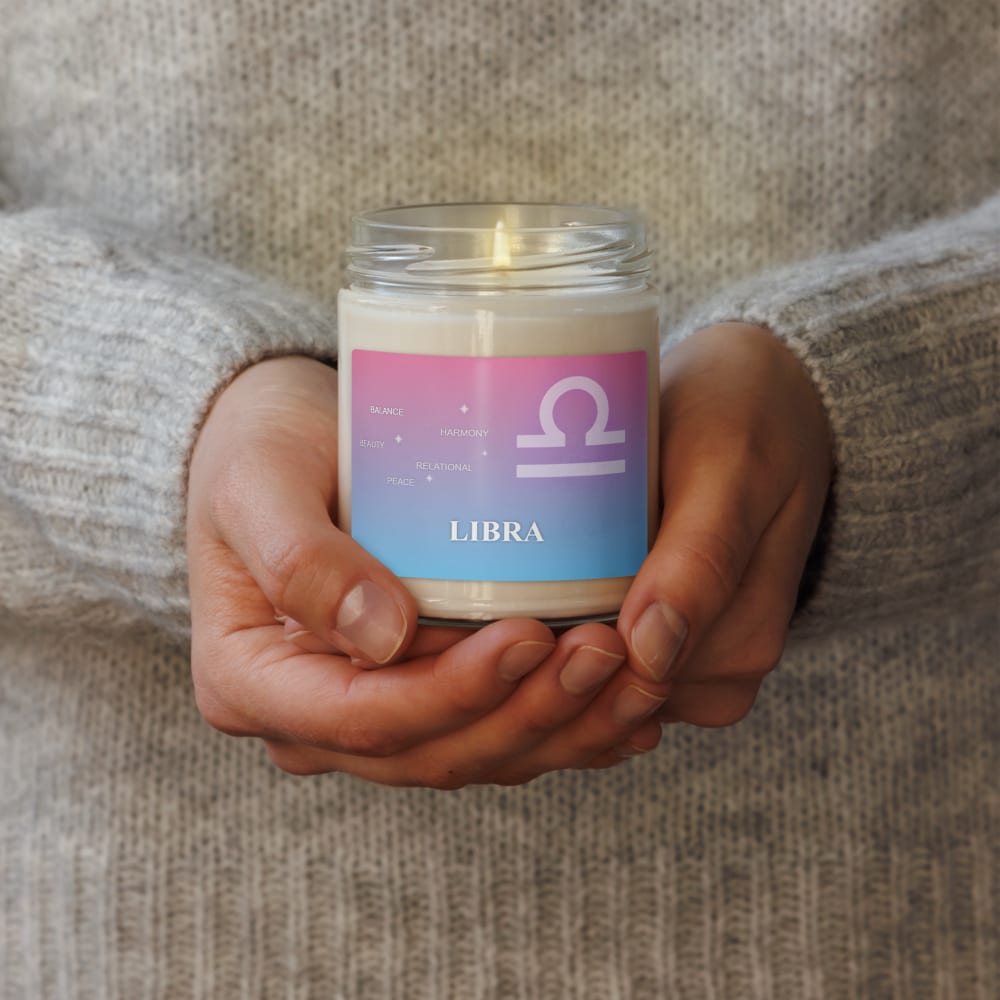 Libra Zodiac Candle in Rose Sky in a lifestyle setting