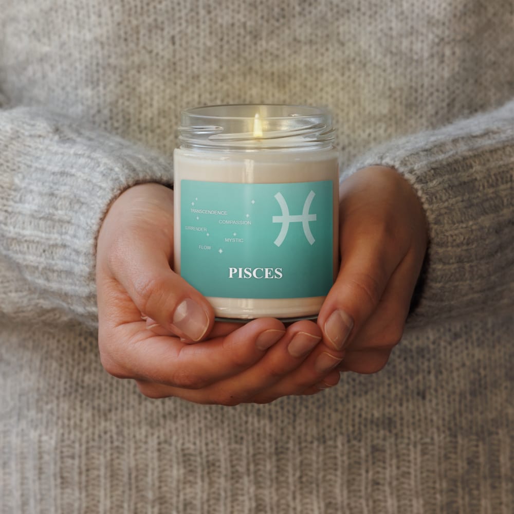 Pisces Zodiac Candle in Sea Glass in a lifestyle setting