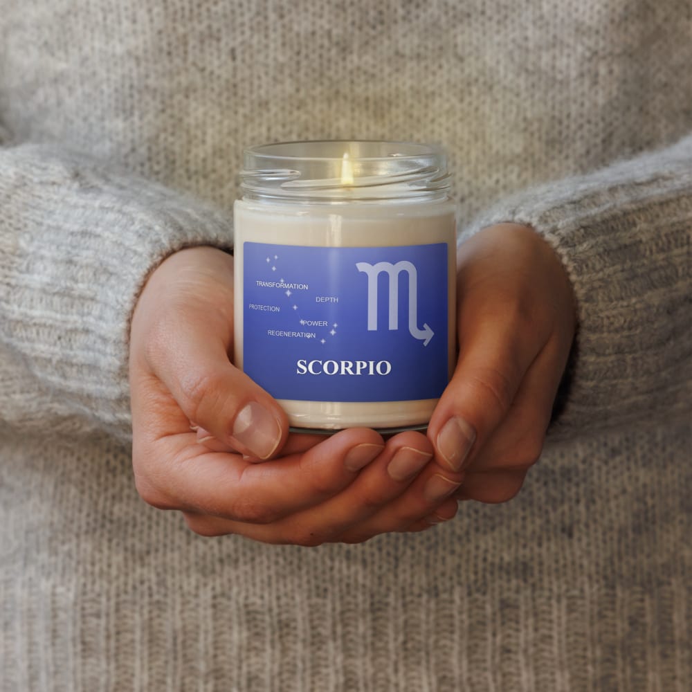 Scorpio Zodiac Candle in Royal Blue in a lifestyle setting