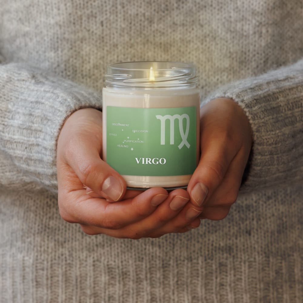 Virgo Zodiac Candle in Sage in a lifestyle setting